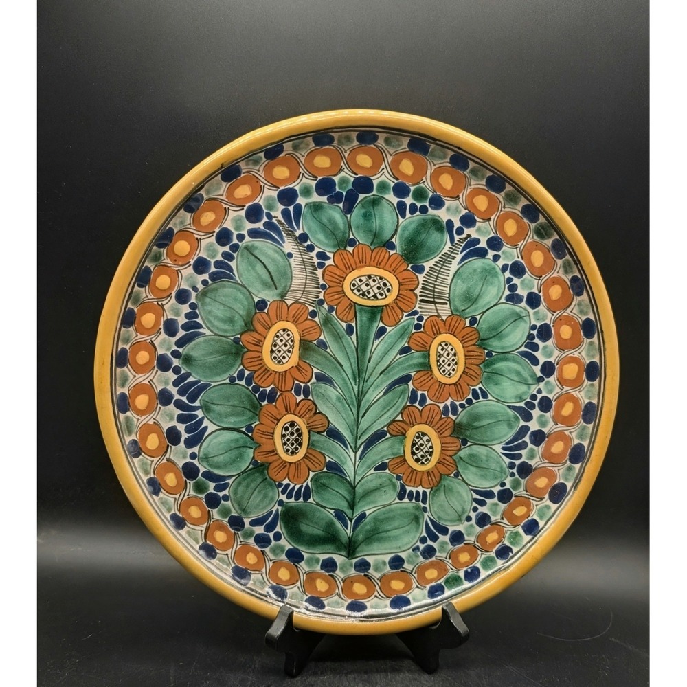 Talavera Coronita Tlax Mexico Hand Painted Floral Pottery Wall Plate 10 inch